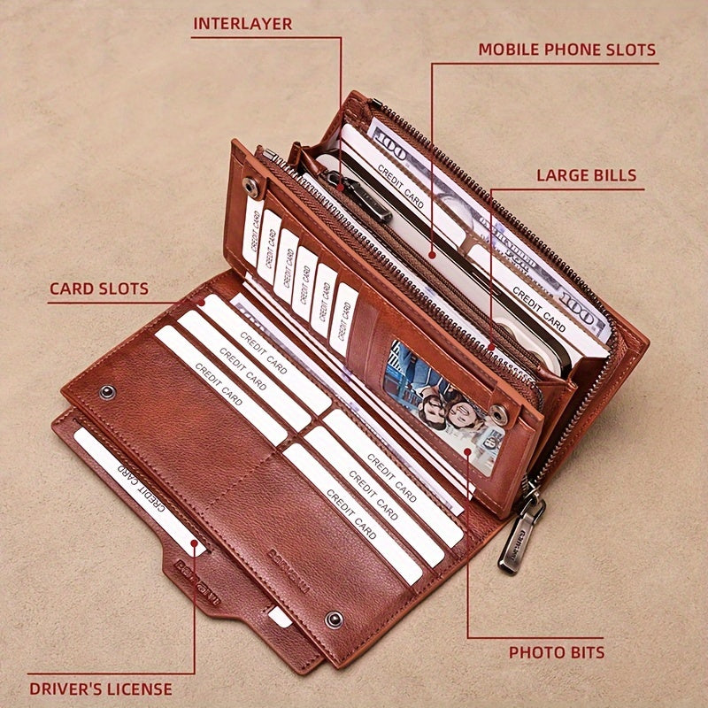 Portefeuille homme long en cuir, 26 cartes et pince amovible