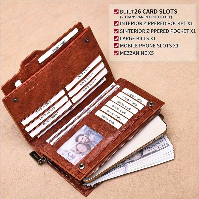 Portefeuille homme long en cuir, 26 cartes et pince amovible