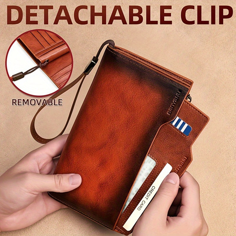 Portefeuille homme long en cuir, 26 cartes et pince amovible