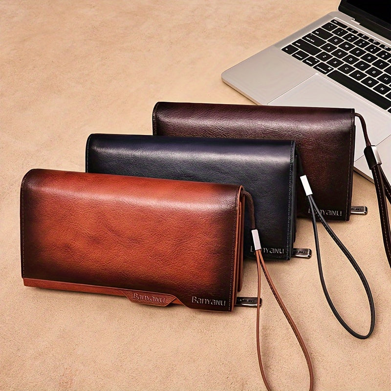 Portefeuille homme long en cuir, 26 cartes et pince amovible