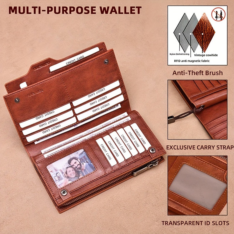 Portefeuille homme long en cuir, 26 cartes et pince amovible