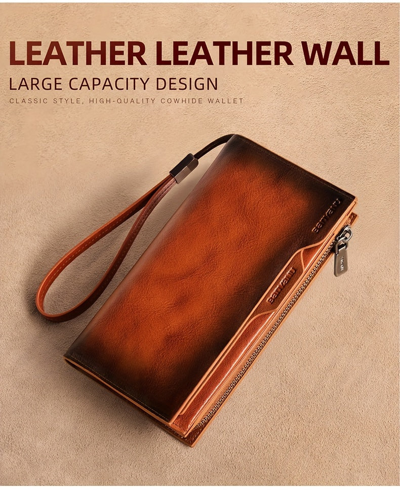 Portefeuille homme long en cuir, 26 cartes et pince amovible