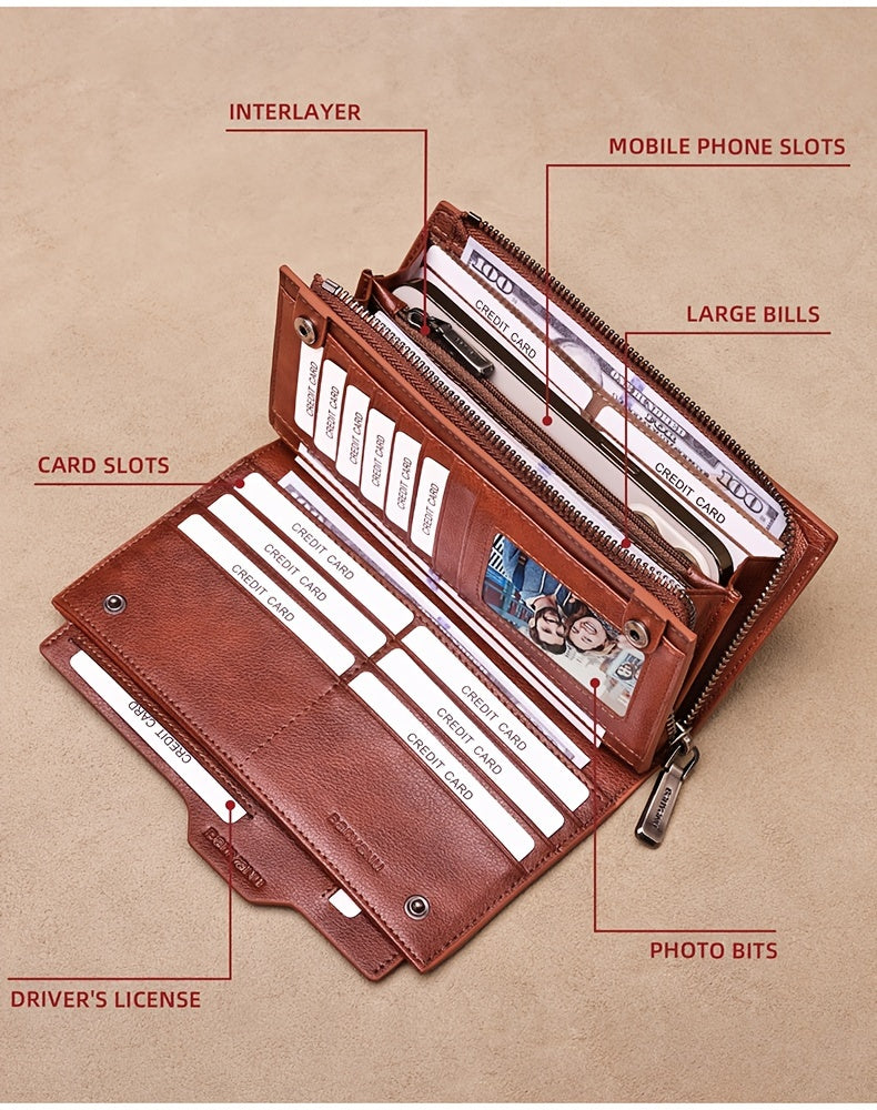 Portefeuille homme long en cuir, 26 cartes et pince amovible