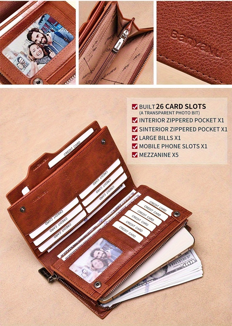 Portefeuille homme long en cuir, 26 cartes et pince amovible