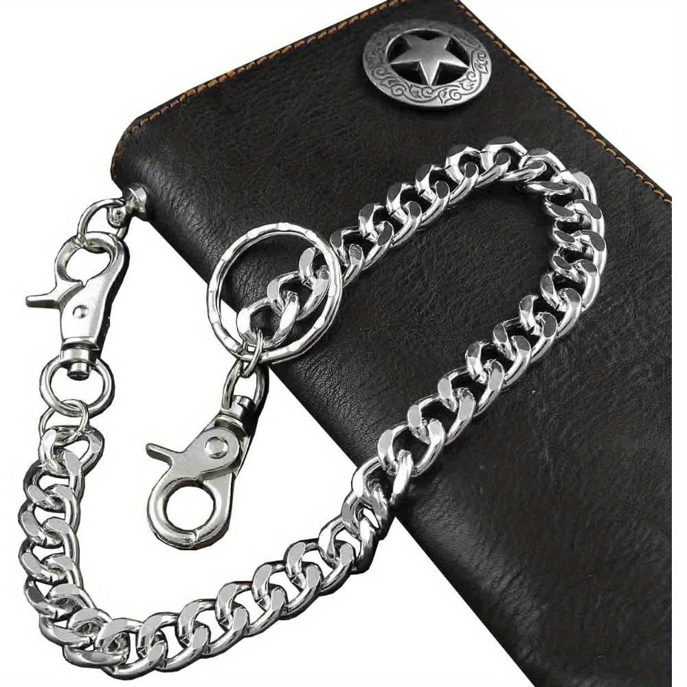 Portefeuille homme long en cuir noir, concho et chaîne métal