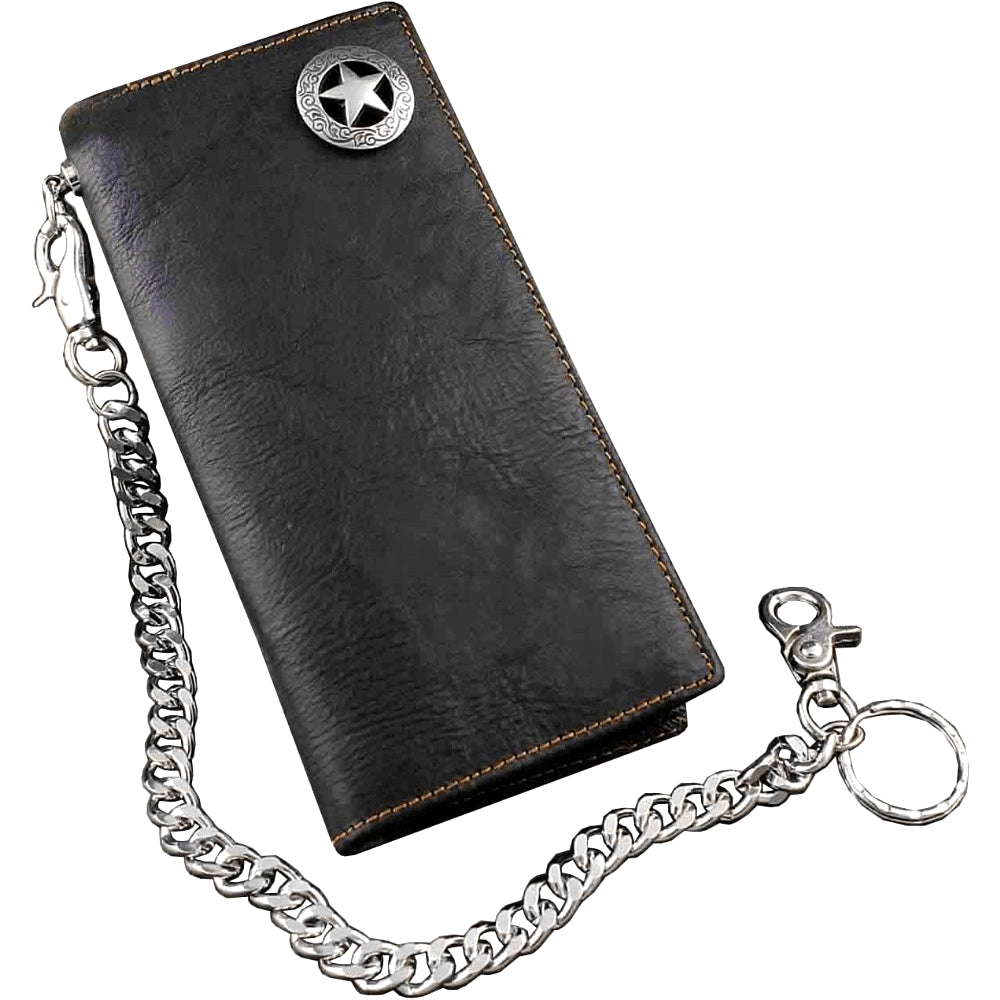 Portefeuille homme long en cuir noir, concho et chaîne métal
