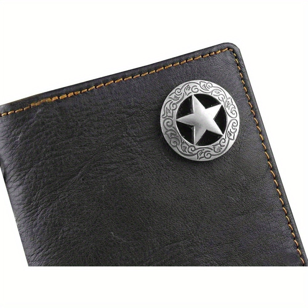Portefeuille homme long en cuir noir, concho et chaîne métal