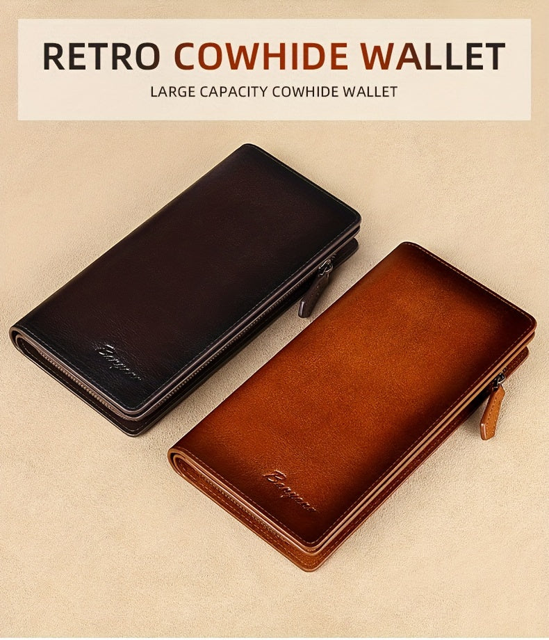 Portefeuille homme long en cuir véritable, poche téléphone