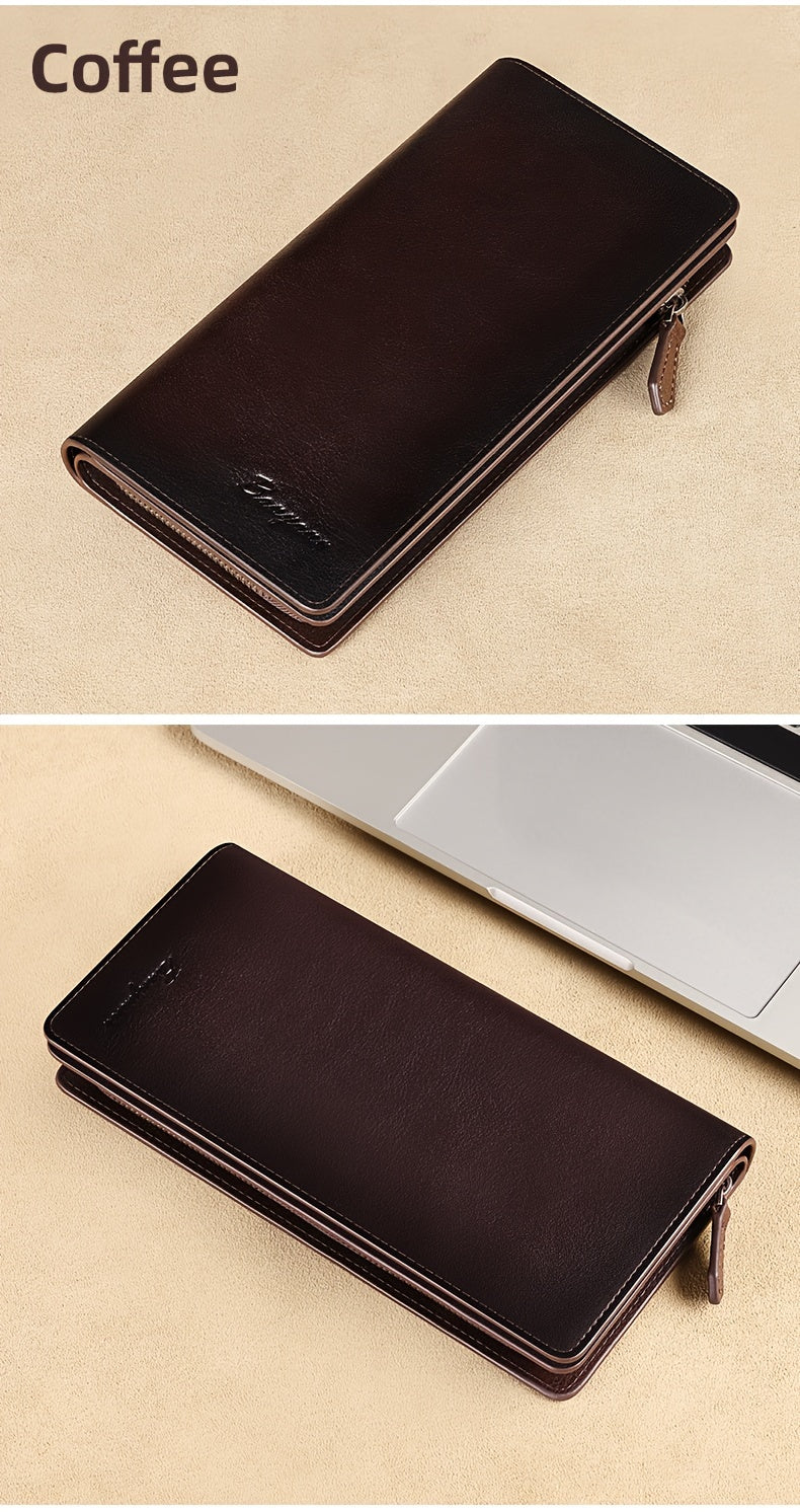 Portefeuille homme long en cuir véritable, poche téléphone