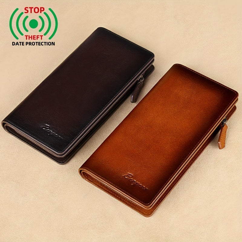 Portefeuille homme long en cuir véritable, poche téléphone