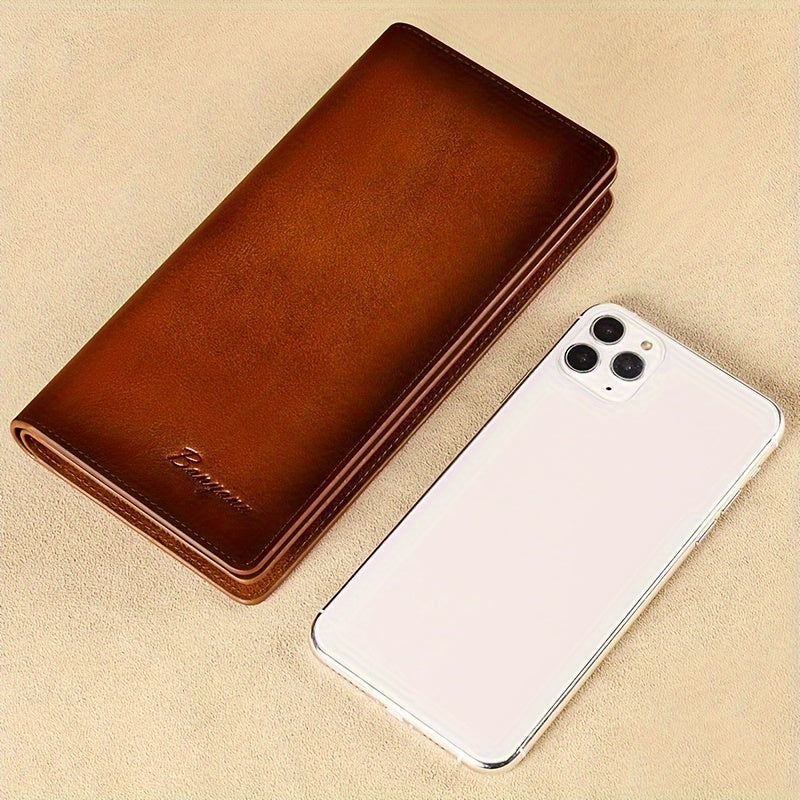 Portefeuille homme long en cuir véritable, poche téléphone