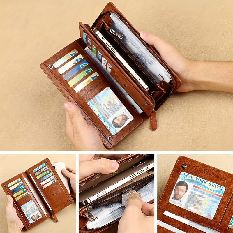Portefeuille homme long en cuir véritable, poche téléphone