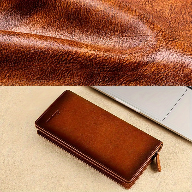 Portefeuille homme long en cuir véritable, poche téléphone