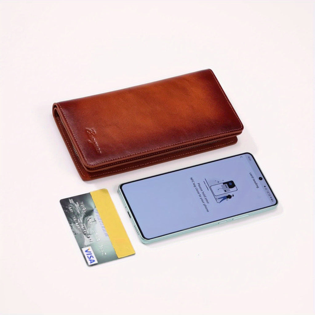Portefeuille homme long en cuir véritable, poche téléphone