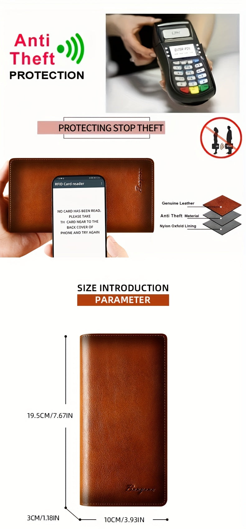Portefeuille homme long en cuir véritable, poche téléphone