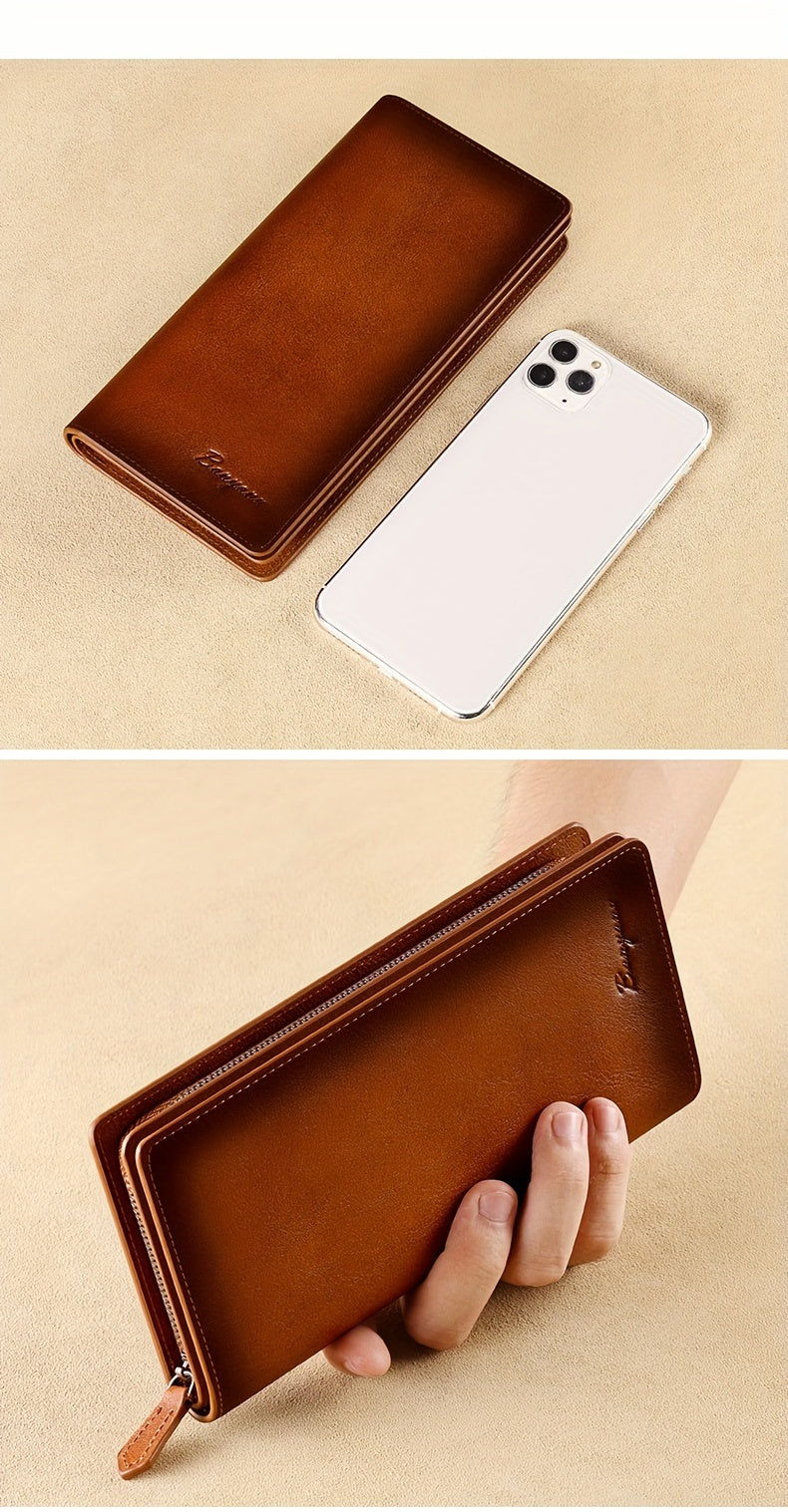 Portefeuille homme long en cuir véritable, poche téléphone