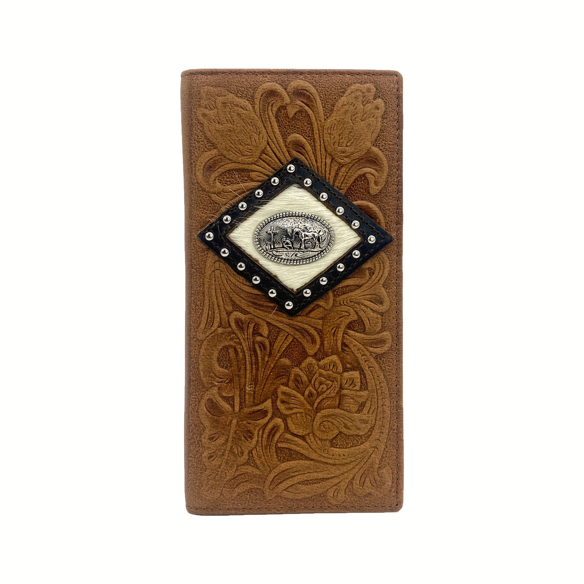 Portefeuille homme long en cuir repoussé floral, style western