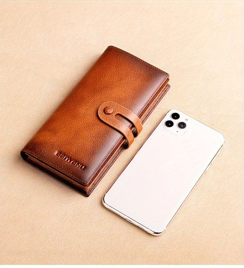 Portefeuille homme long en cuir de vachette, 12 cartes, RFID