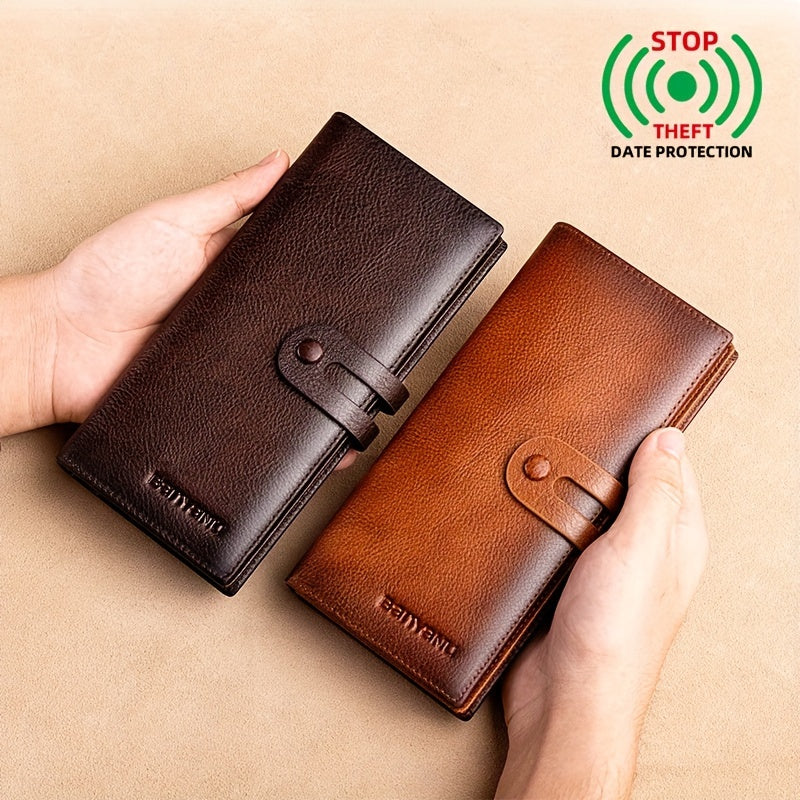 Portefeuille homme long en cuir de vachette, 12 cartes, RFID