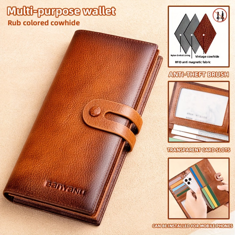 Portefeuille homme long en cuir de vachette, 12 cartes, RFID