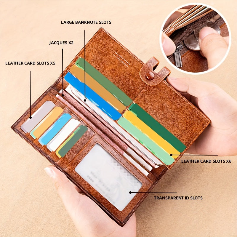 Portefeuille homme long en cuir de vachette, 12 cartes, RFID