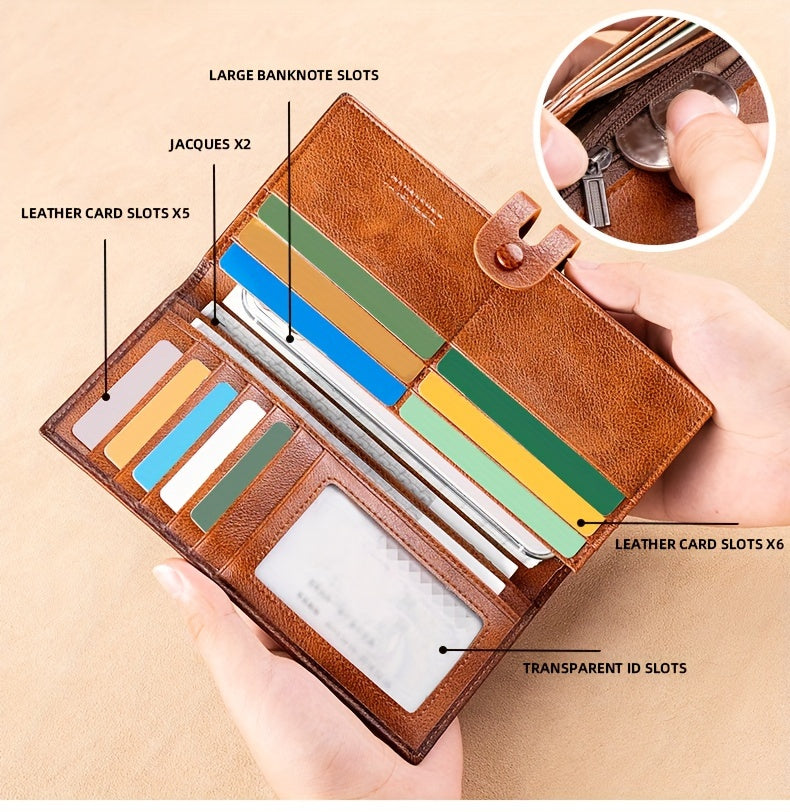 Portefeuille homme long en cuir de vachette, 12 cartes, RFID