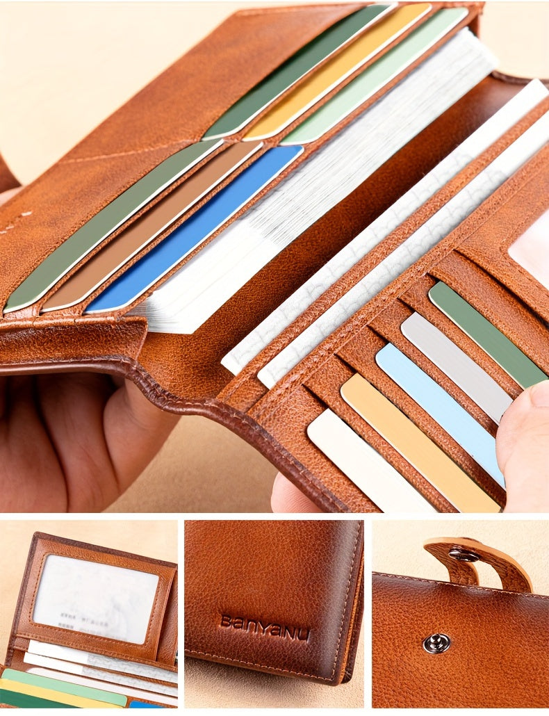 Portefeuille homme long en cuir de vachette, 12 cartes, RFID