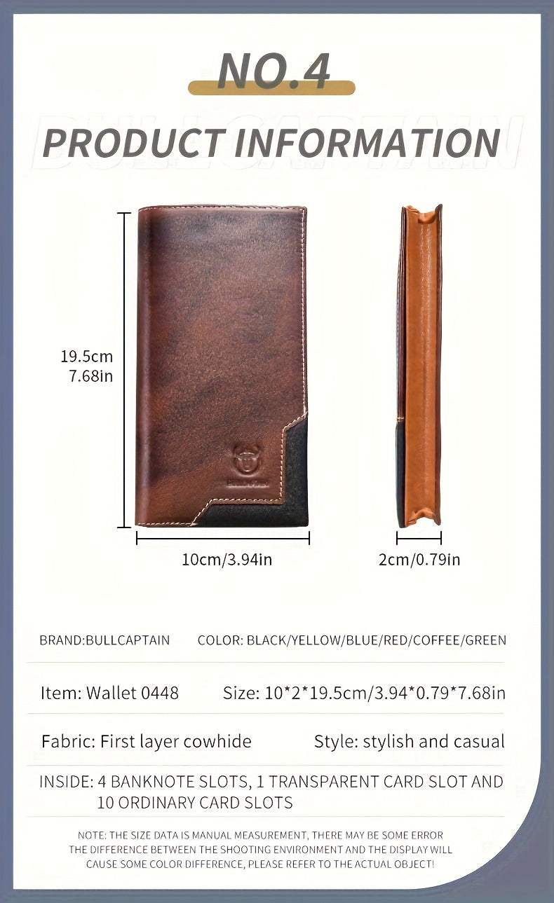 Portefeuille homme long cuir de vachette, 10 fentes cartes