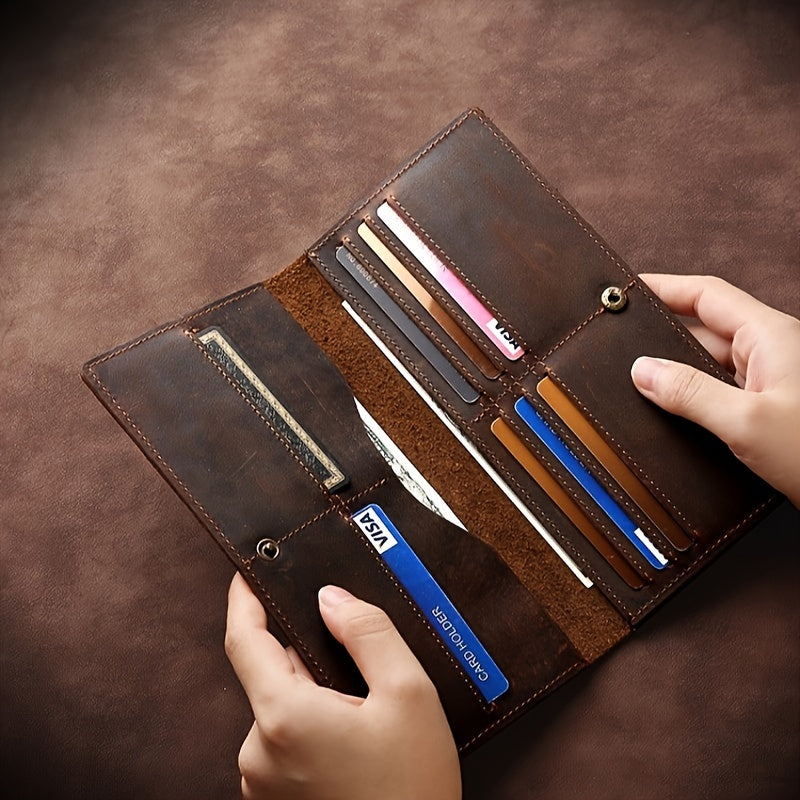 Portefeuille homme long en cuir de vachette, marron foncé