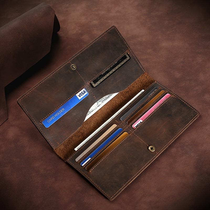Portefeuille homme long en cuir de vachette, marron foncé