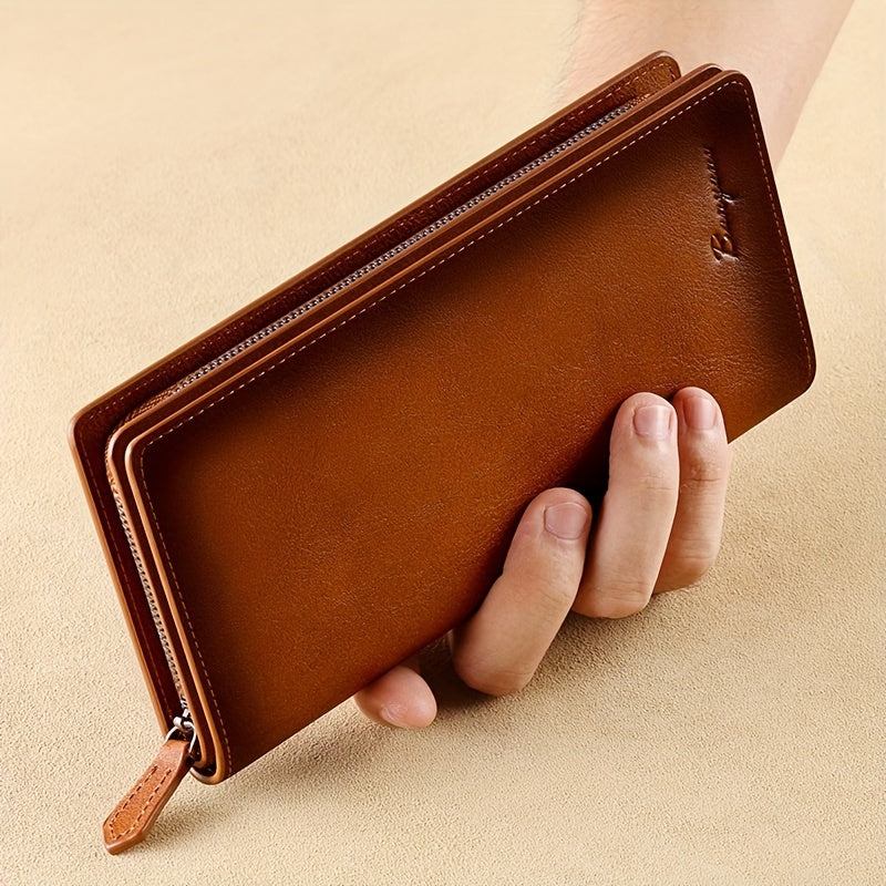 Portefeuille homme long cuir vachette, poche monnaie zippée