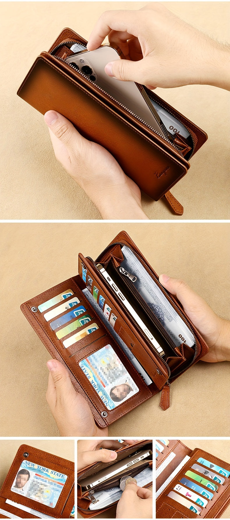 Portefeuille homme long cuir vachette, poche monnaie zippée