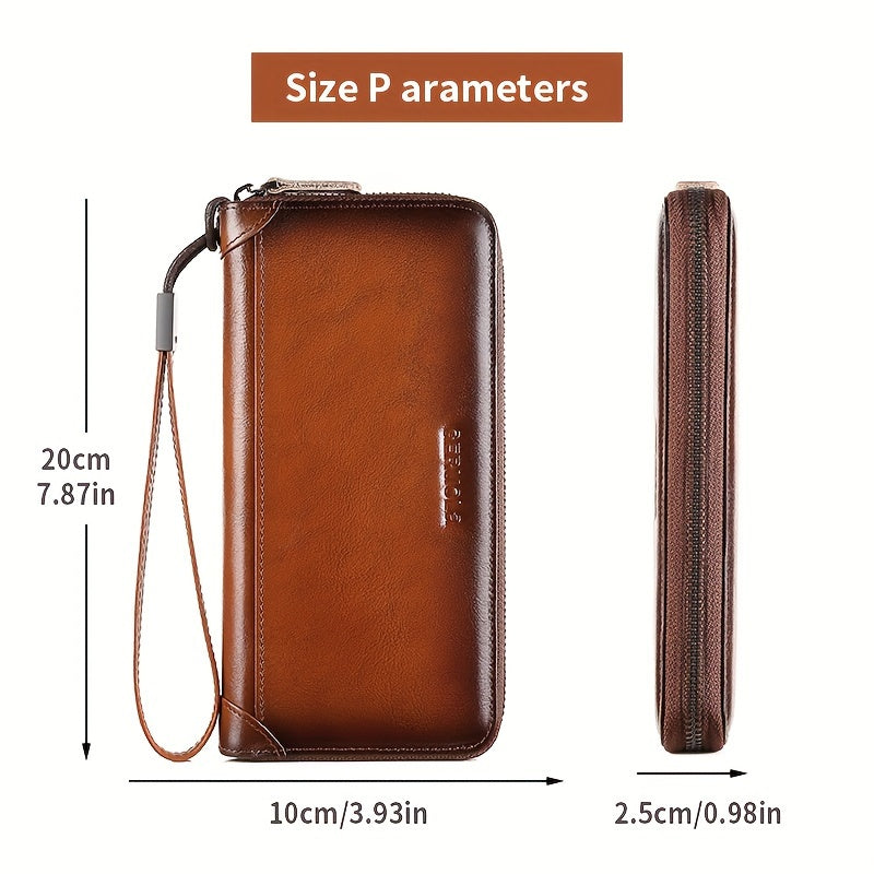 Portefeuille homme long en cuir de vachette RFID, 8 cartes