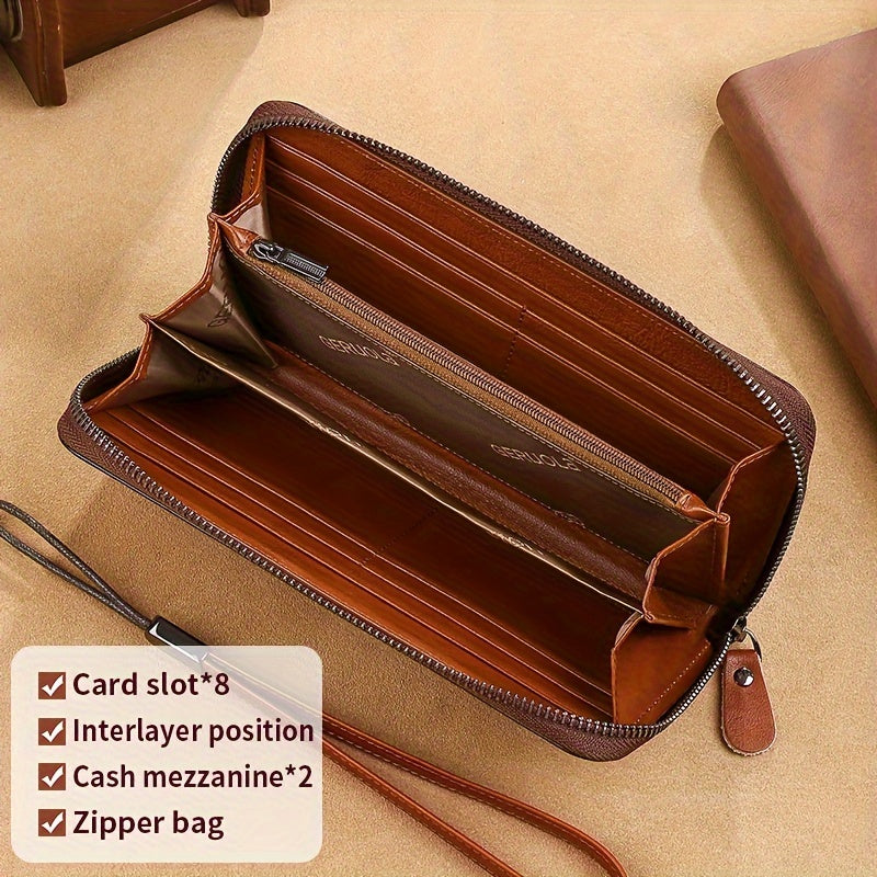 Portefeuille homme long en cuir de vachette RFID, 8 cartes