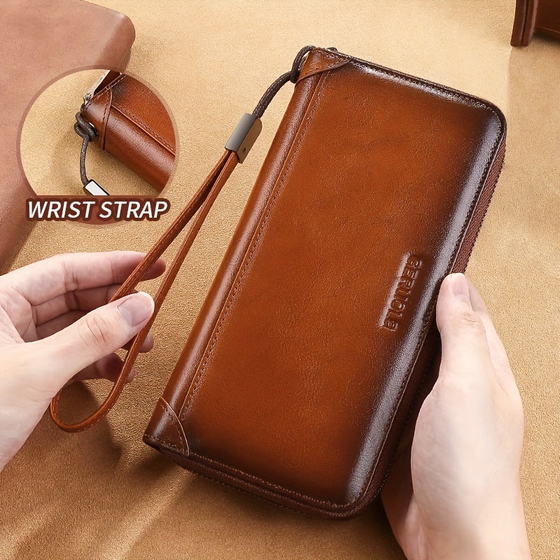 Portefeuille homme long en cuir de vachette RFID, 8 cartes