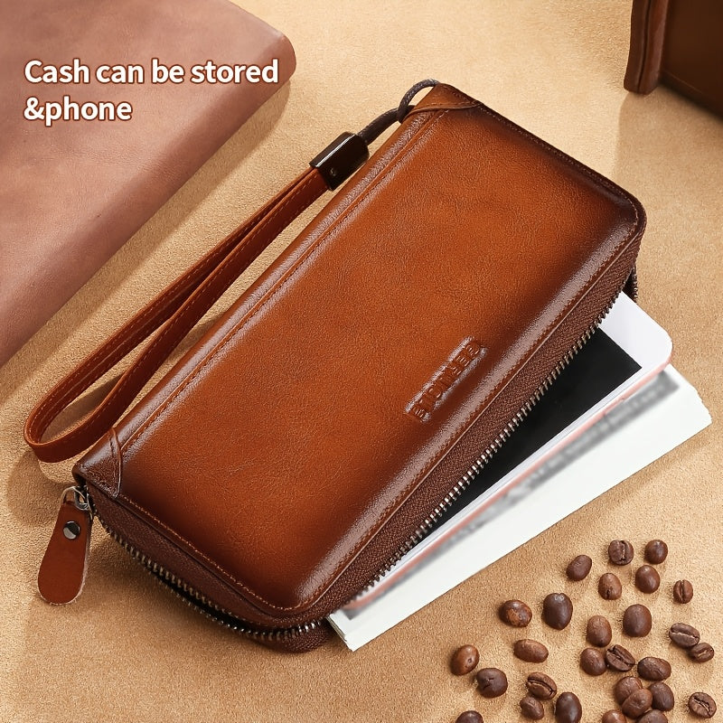 Portefeuille homme long en cuir de vachette RFID, 8 cartes