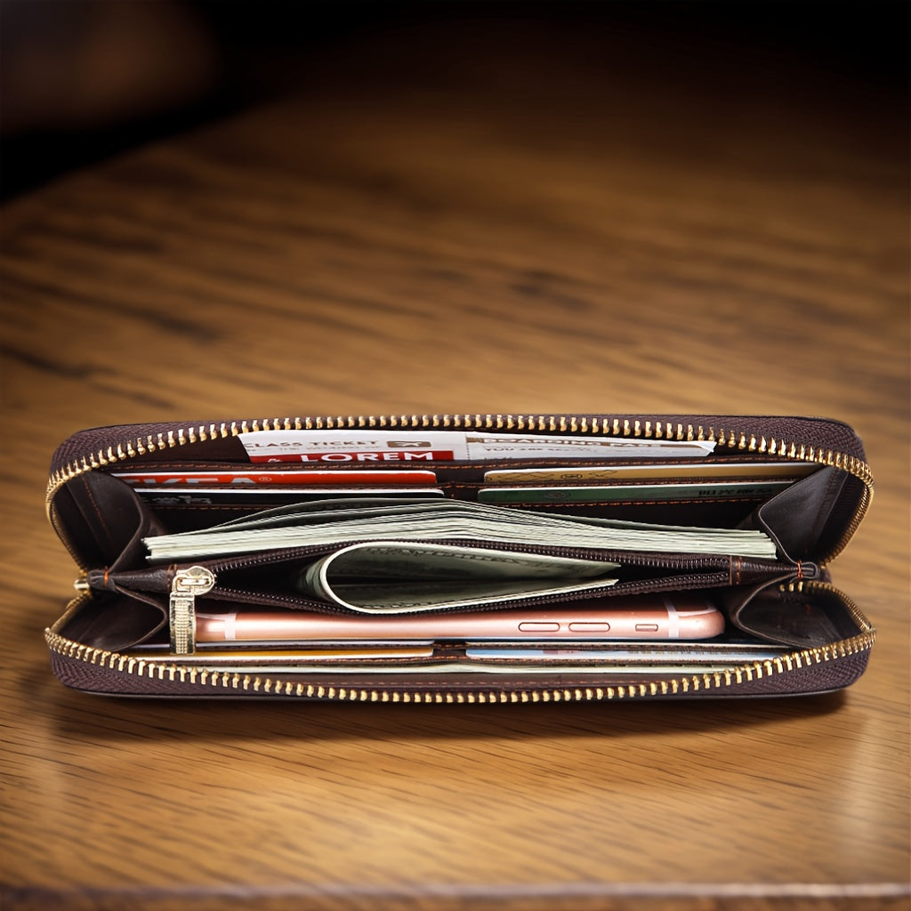 Portefeuille homme long en cuir de vachette, zip et dragonne