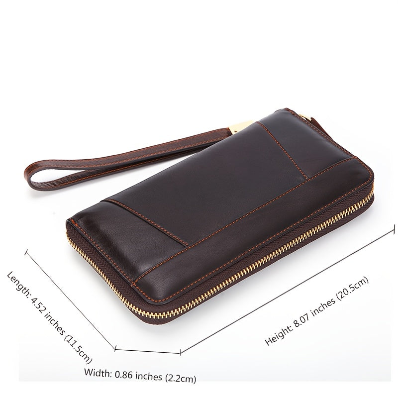 Portefeuille homme long en cuir de vachette, zip et dragonne