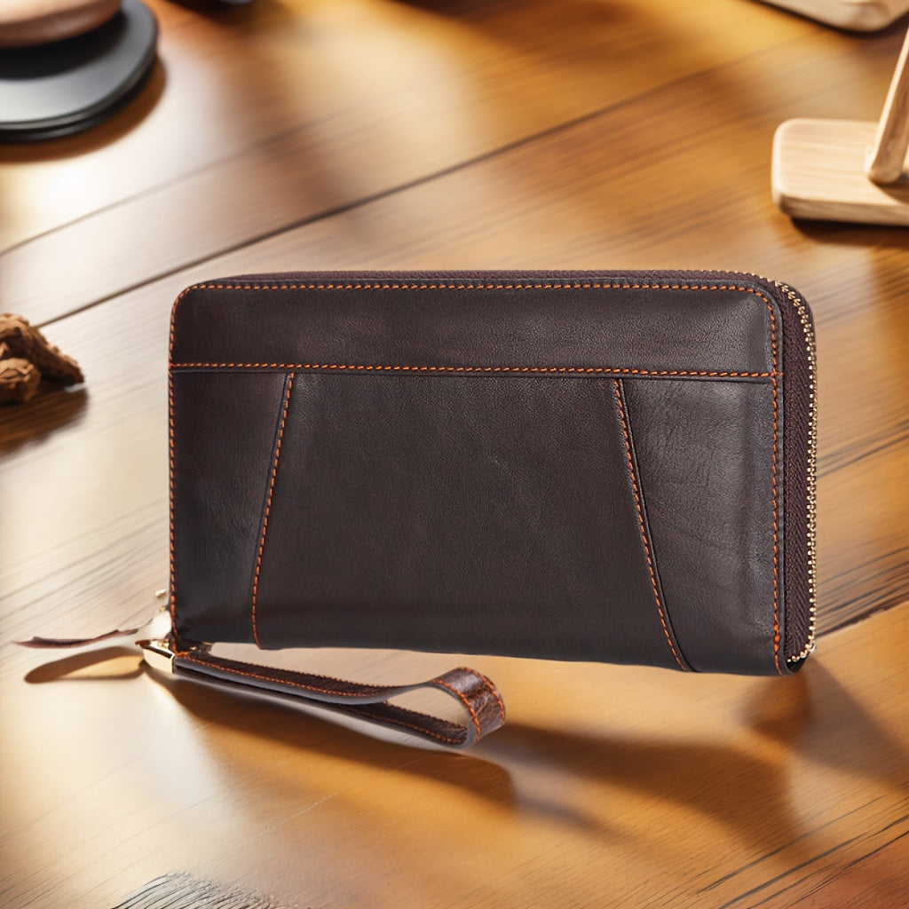 Portefeuille homme long en cuir de vachette, zip et dragonne