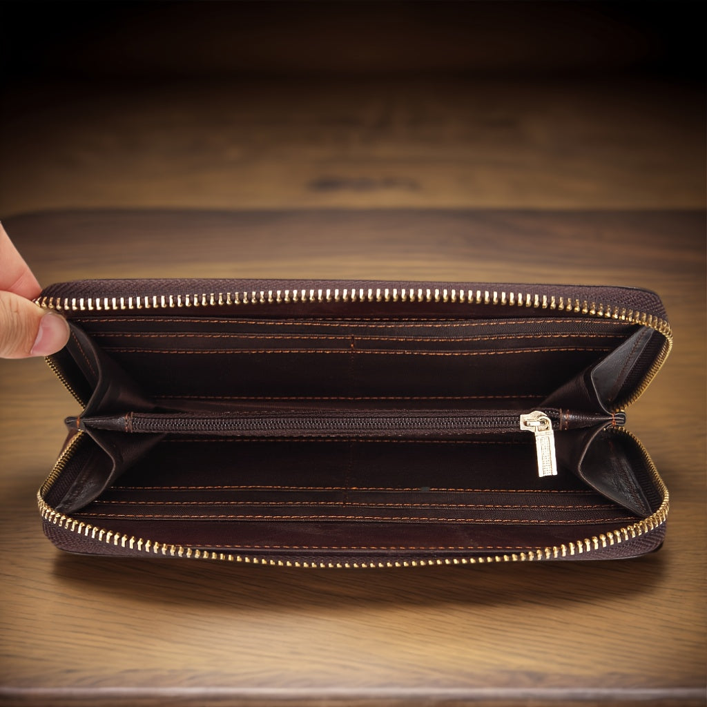 Portefeuille homme long en cuir de vachette, zip et dragonne