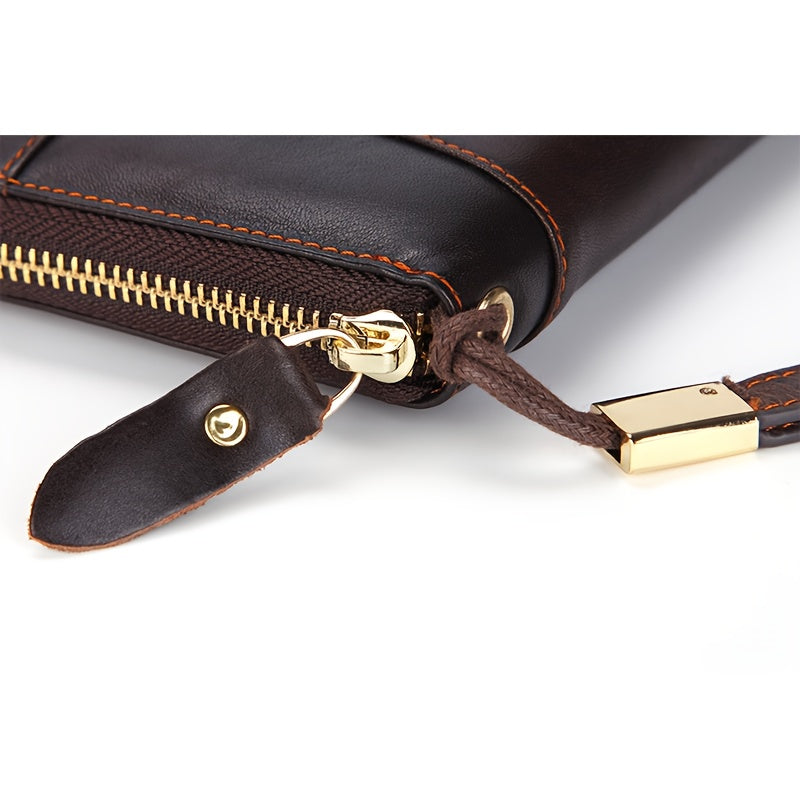 Portefeuille homme long en cuir de vachette, zip et dragonne