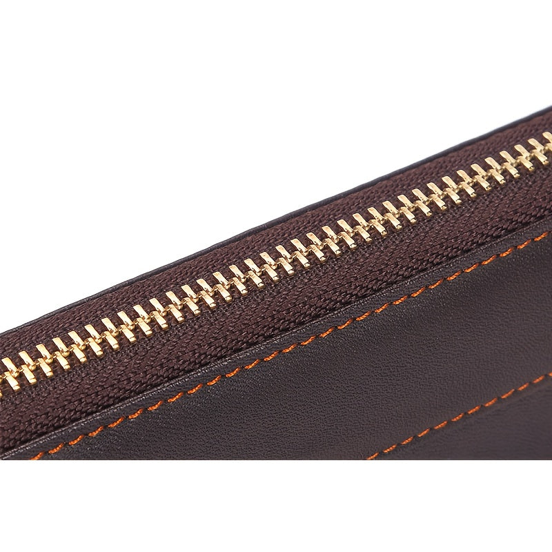 Portefeuille homme long en cuir de vachette, zip et dragonne