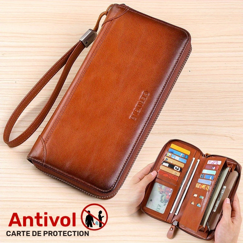 Portefeuille homme long zippé en cuir de vachette, 14 cartes