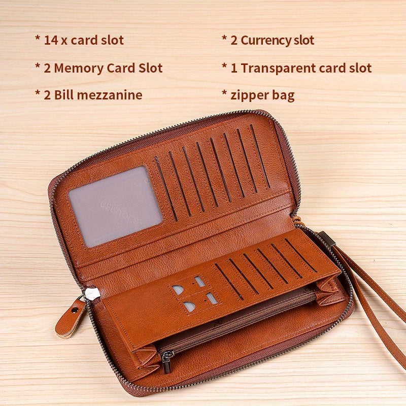 Portefeuille homme long zippé en cuir de vachette, 14 cartes