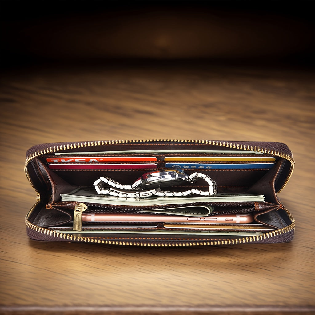 Portefeuille homme long zippé en cuir de vachette brun foncé