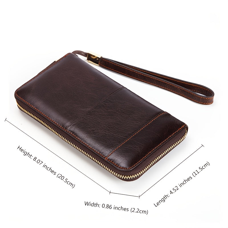 Portefeuille homme long zippé en cuir de vachette brun foncé
