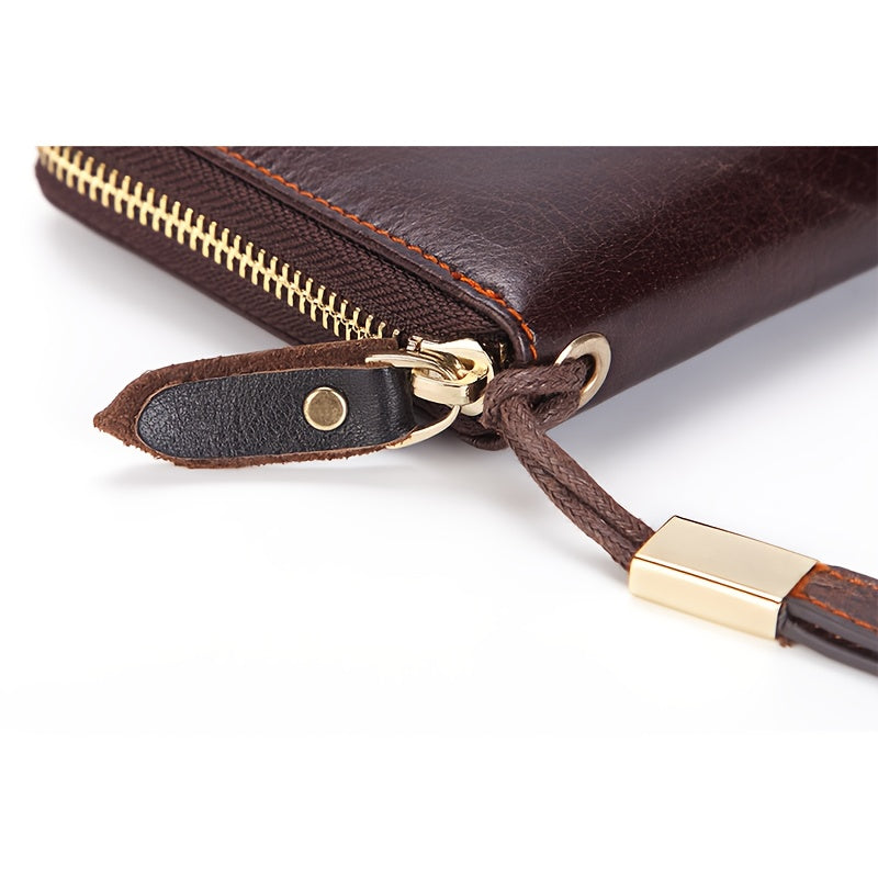 Portefeuille homme long zippé en cuir de vachette brun foncé
