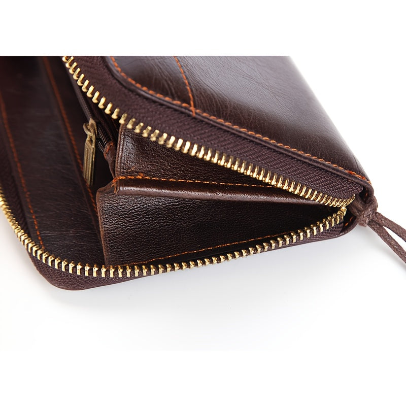 Portefeuille homme long zippé en cuir de vachette brun foncé