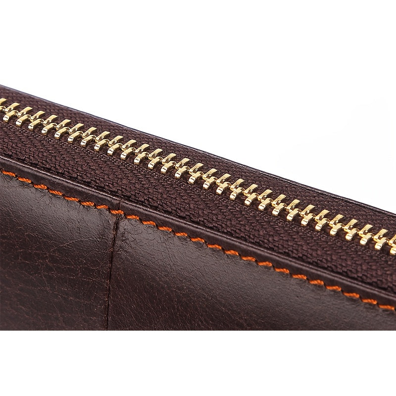 Portefeuille homme long zippé en cuir de vachette brun foncé