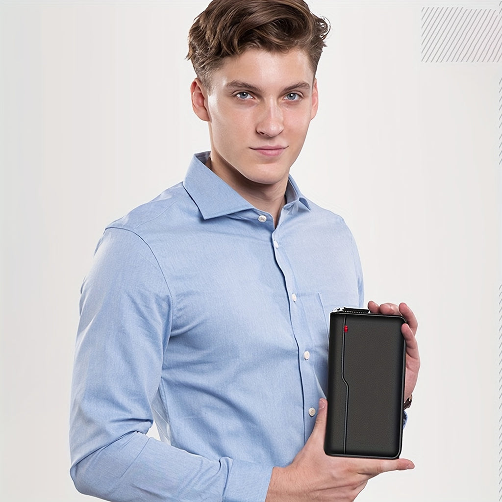 Portefeuille homme long zippé noir, 27 fentes cartes accordéon